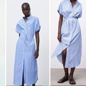 Zara White & Blue Stripe Dress Size XXL NWT | Short Sleeve Midi